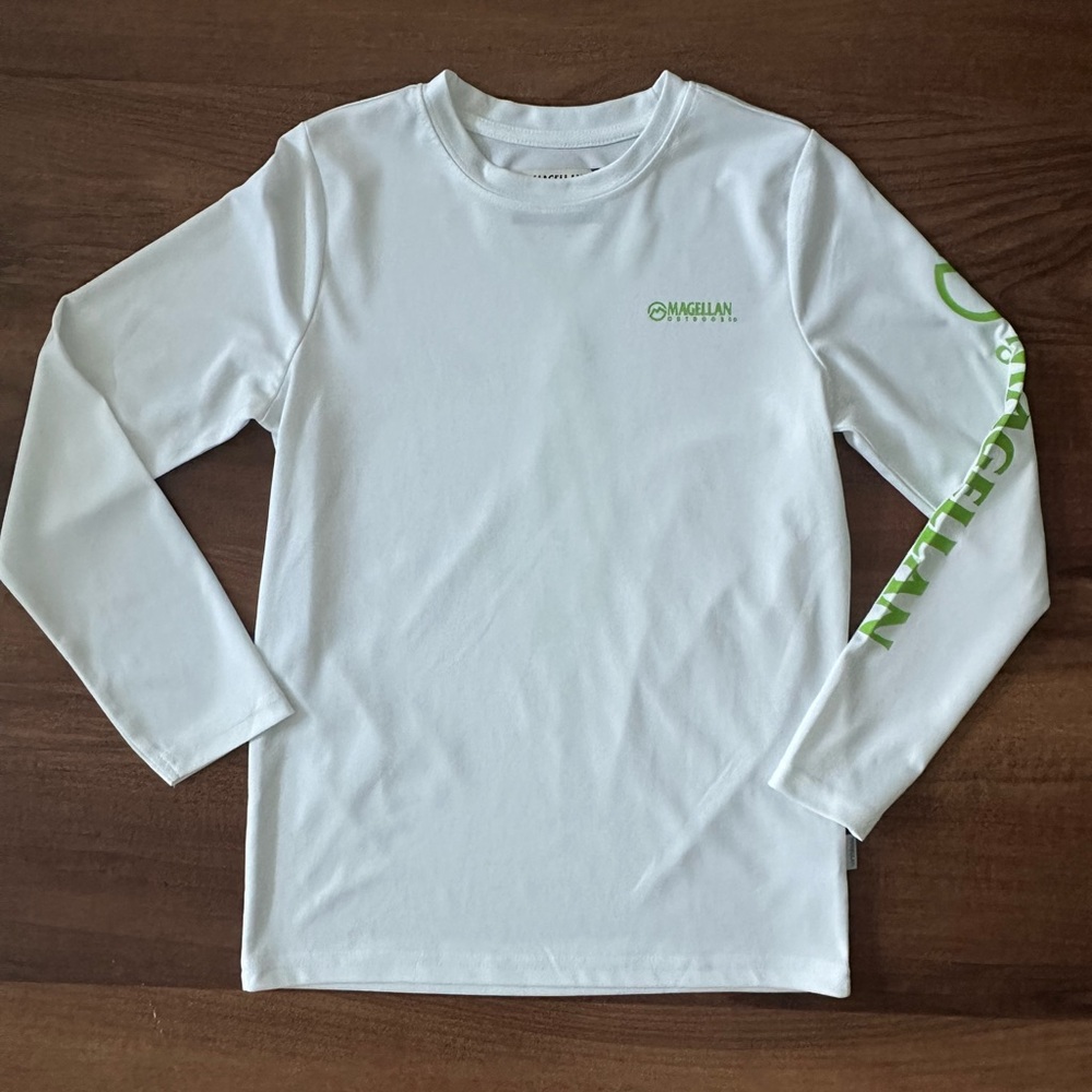 Magellan Outdoors Kids Long Sleeve Shirt in White with Green Accents